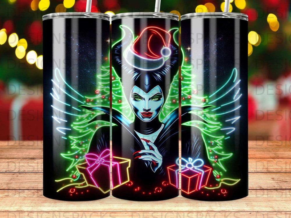 Maleficent in a Christmas hat with glowing gifts and a Christmas tree.
