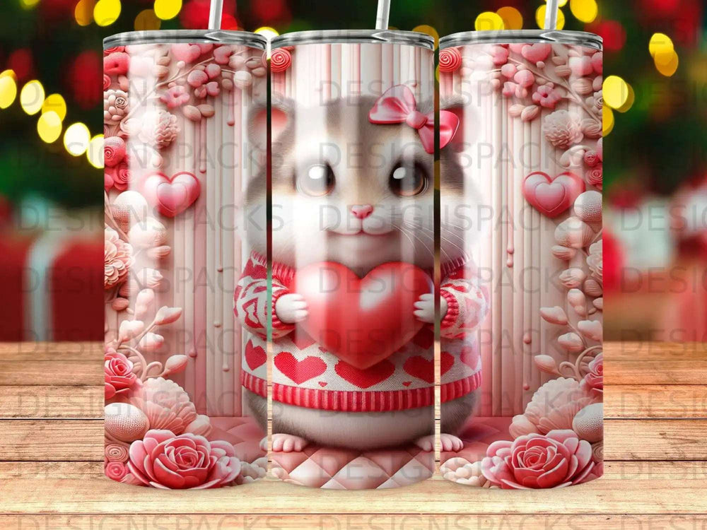 Cute hamster in festive sweater holding heart, surrounded by hearts and flowers.