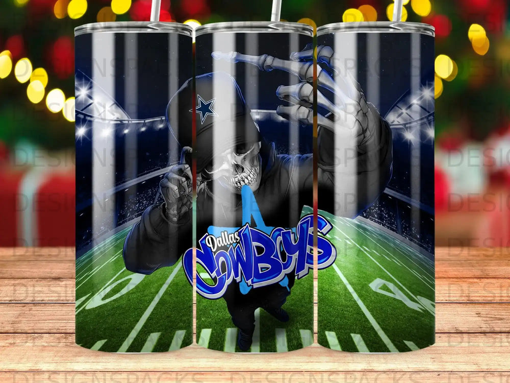 Dallas Cowboys skeleton mascot on a football field.