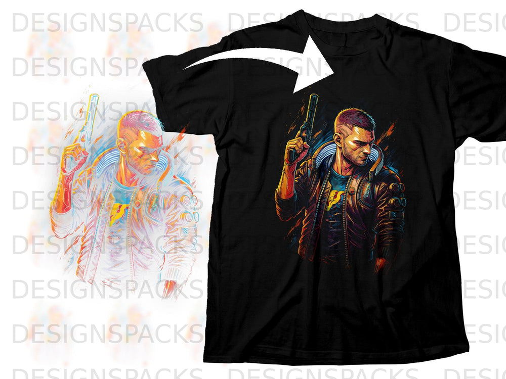 Black t-shirt with graphic of a man holding a gun, featuring vibrant colors.