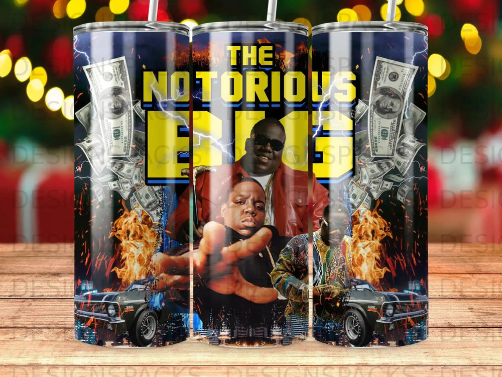 The Notorious B.I.G. on a tumbler with money and cars.