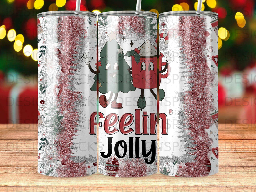 Christmas trees and a mug that says "Feelin Jolly" on a tumbler.