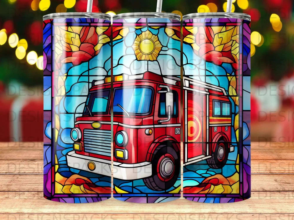 Red fire truck with stained glass and festive lights design.