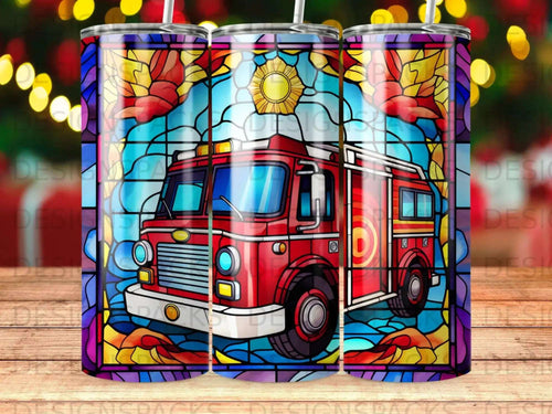 Red fire truck with stained glass and festive lights design.