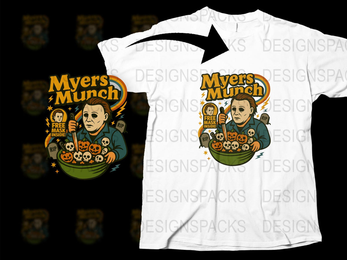 Myers Munch Halloween T-Shirt, Horror Movie Parody, Unisex Graphic Tee, Pumpkin Design, Collectible Shirt with Free Mask Offer