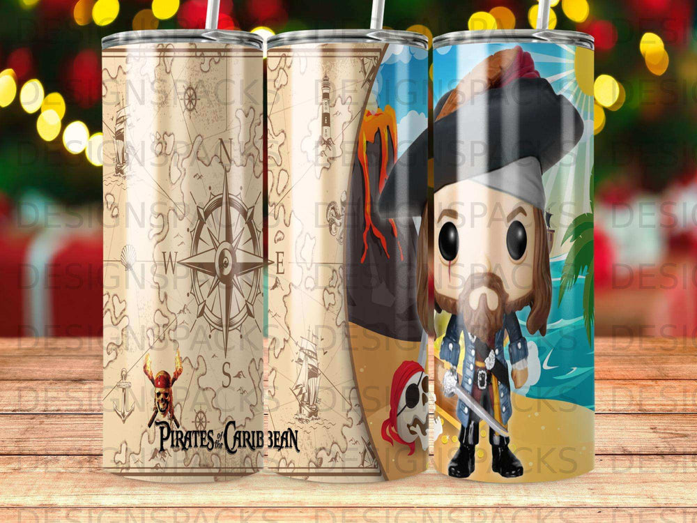 Pirates of the Caribbean tumbler with Jack Sparrow and map design.