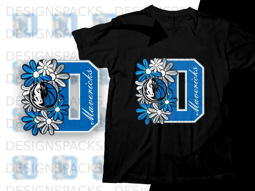 Dallas Mavericks logo with flowers on black t-shirt.
