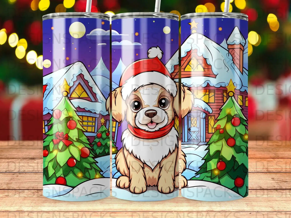 Puppy in Santa hat and scarf, surrounded by snowy houses and Christmas trees.