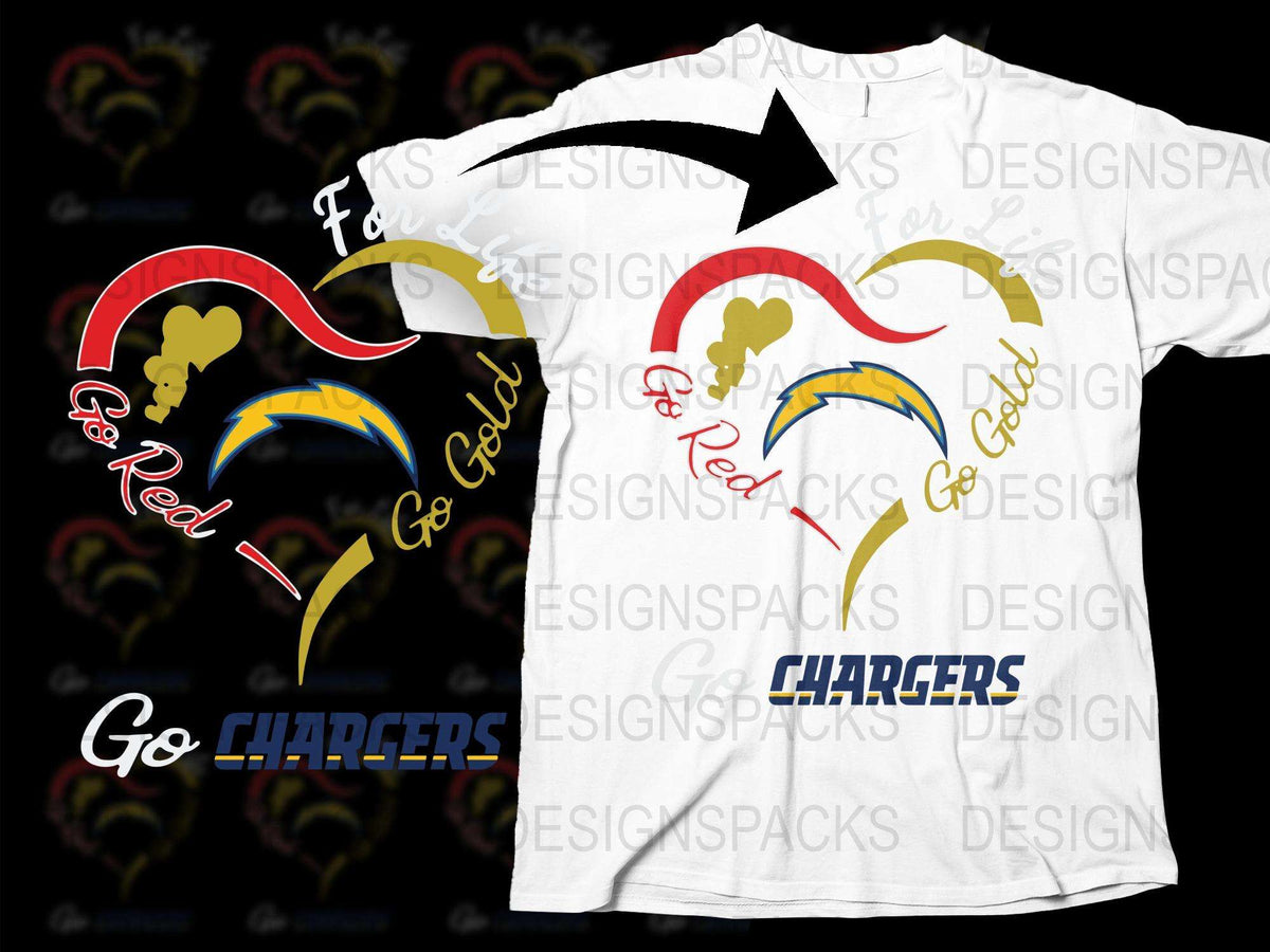 Go Chargers T-Shirt Red and Gold Heart Design, Football Team Support Tee