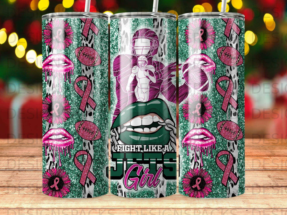 Glitter tumbler with football player, lips, and pink ribbons.