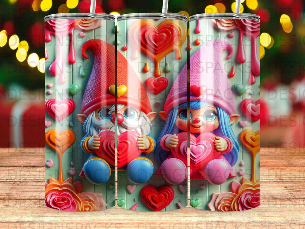 Gnomes with hearts, one red, one blue, against a distressed wood background.