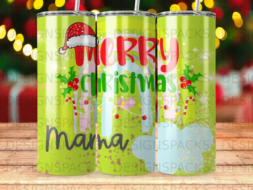 Christmas tumbler with "Merry Christmas" text and festive graphics.
