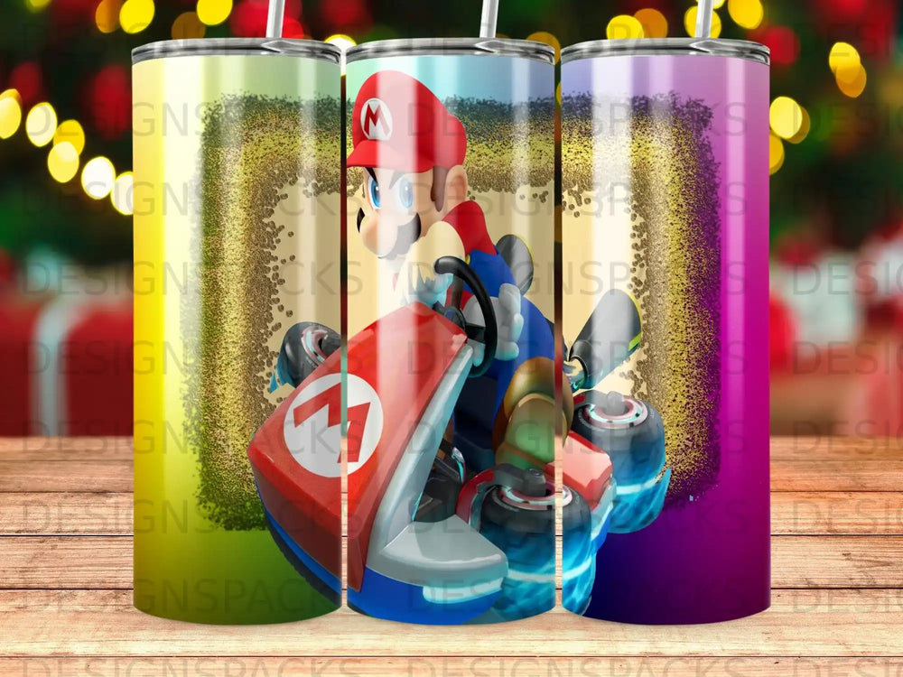 Mario Kart character driving a red kart on a colorful background.