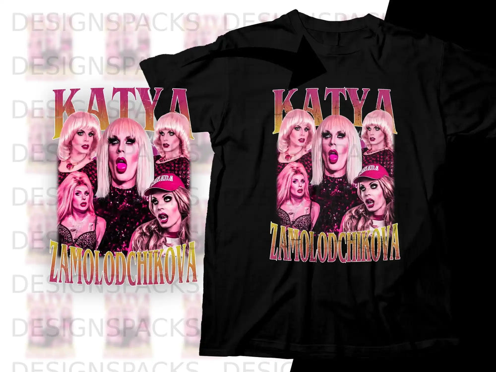 Katya Zamolodchikova t-shirt with collage of drag queen photos.