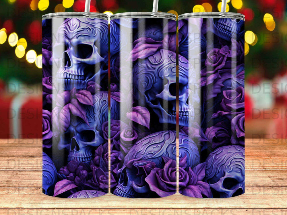 Purple ornate skulls and roses pattern on a skinny tumbler.
