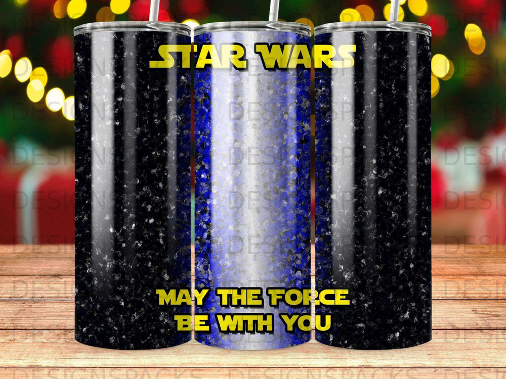 Star Wars tumbler with "May the Force Be With You" text on black and blue background.