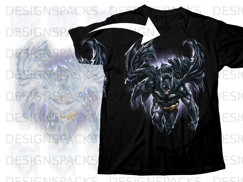 Black t-shirt with Batman artwork on the front, fading to white on the left.