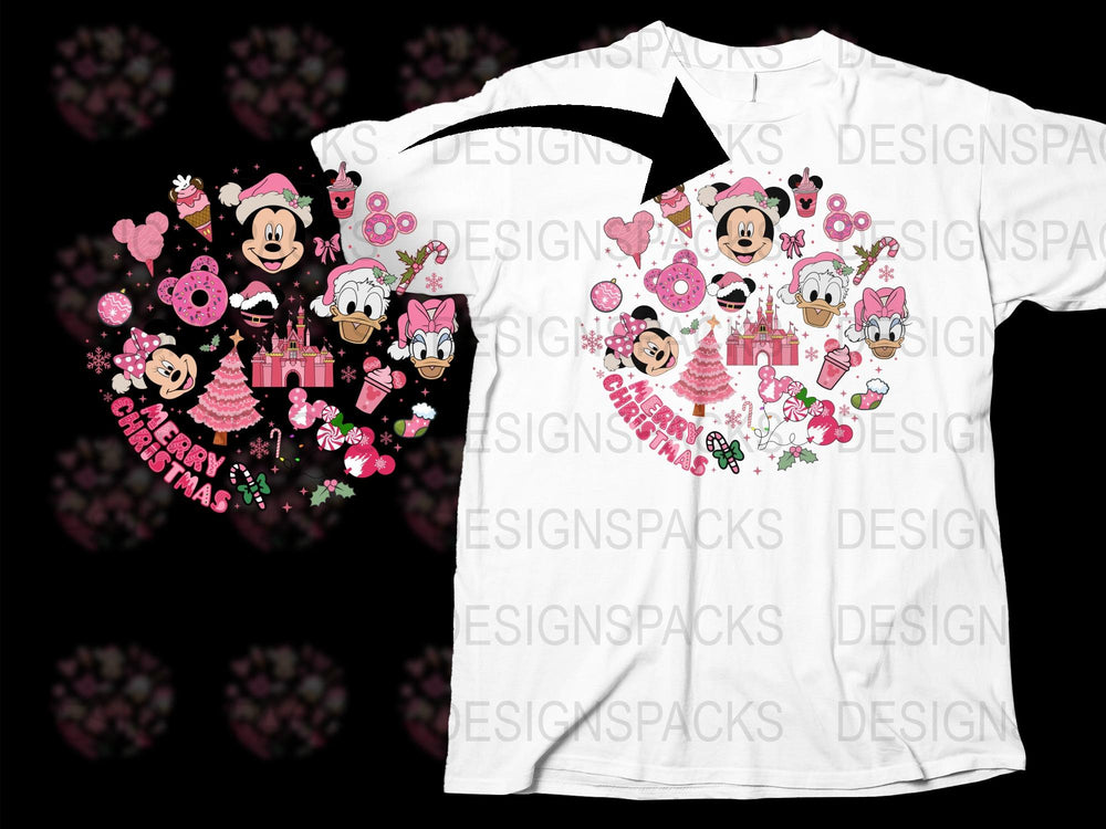 Disney Christmas T-Shirt, Mickey and Minnie Holiday Tee, Cute Pink Cartoon Character Festive Shirt for Kids and Adults