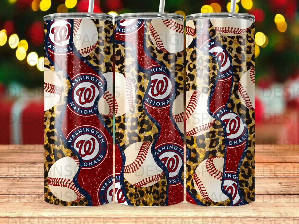 Washington Nationals baseball tumbler with logo and leopard print.