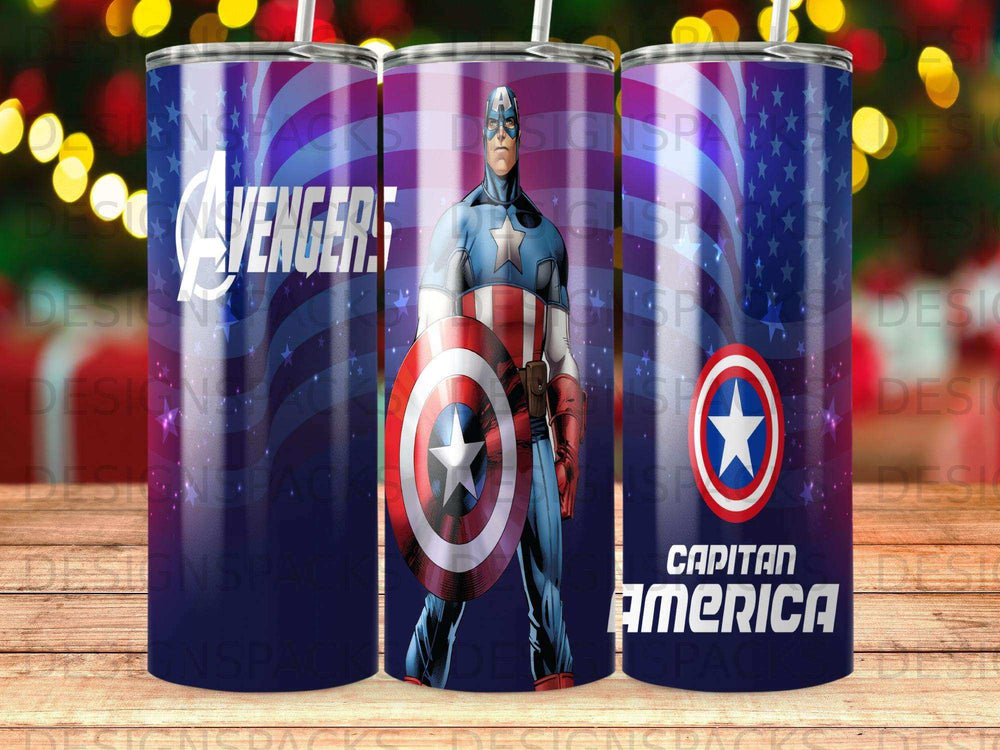Avengers logo and Captain America graphic on a patterned tumbler.