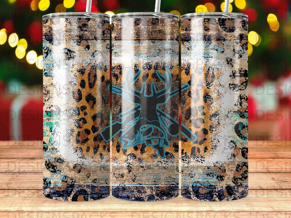 Three tumblers with leopard print, wood grain, and a deer silhouette.