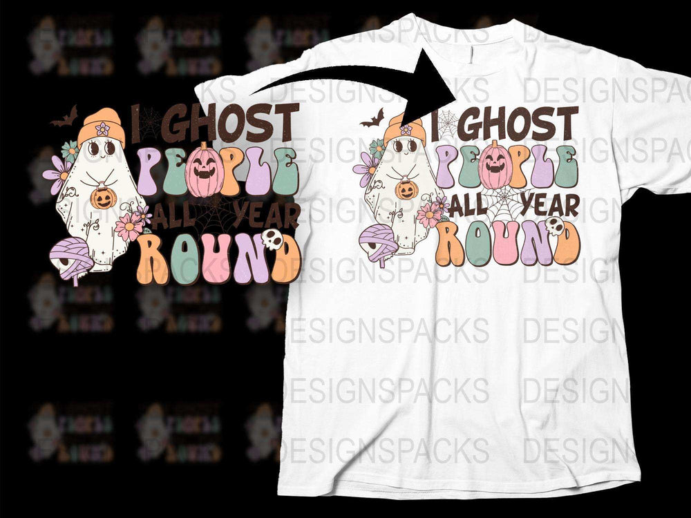 Cute Ghost Graphic T-Shirt, Halloween All Year Round, Fun Spooky Tee, Ghosts and Candy Design, Unisex Adult Clothing