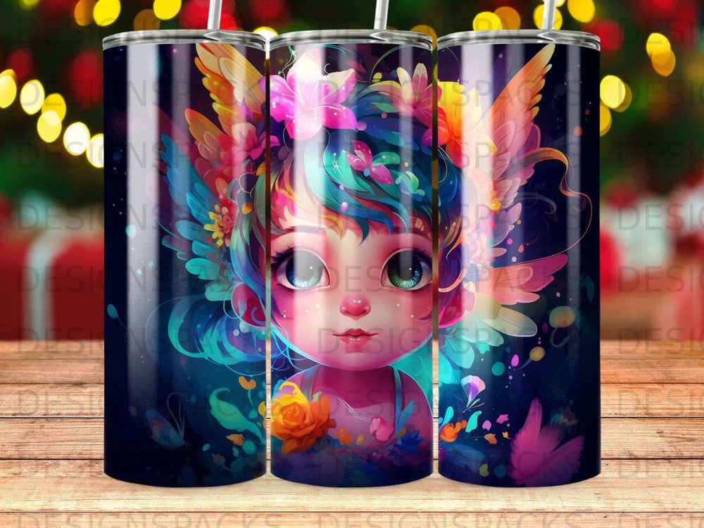 Fantasy fairy character with colorful wings and floral accents.