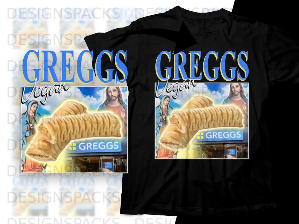 Black t-shirt with Greggs Vegan sausage roll design and Jesus graphic.