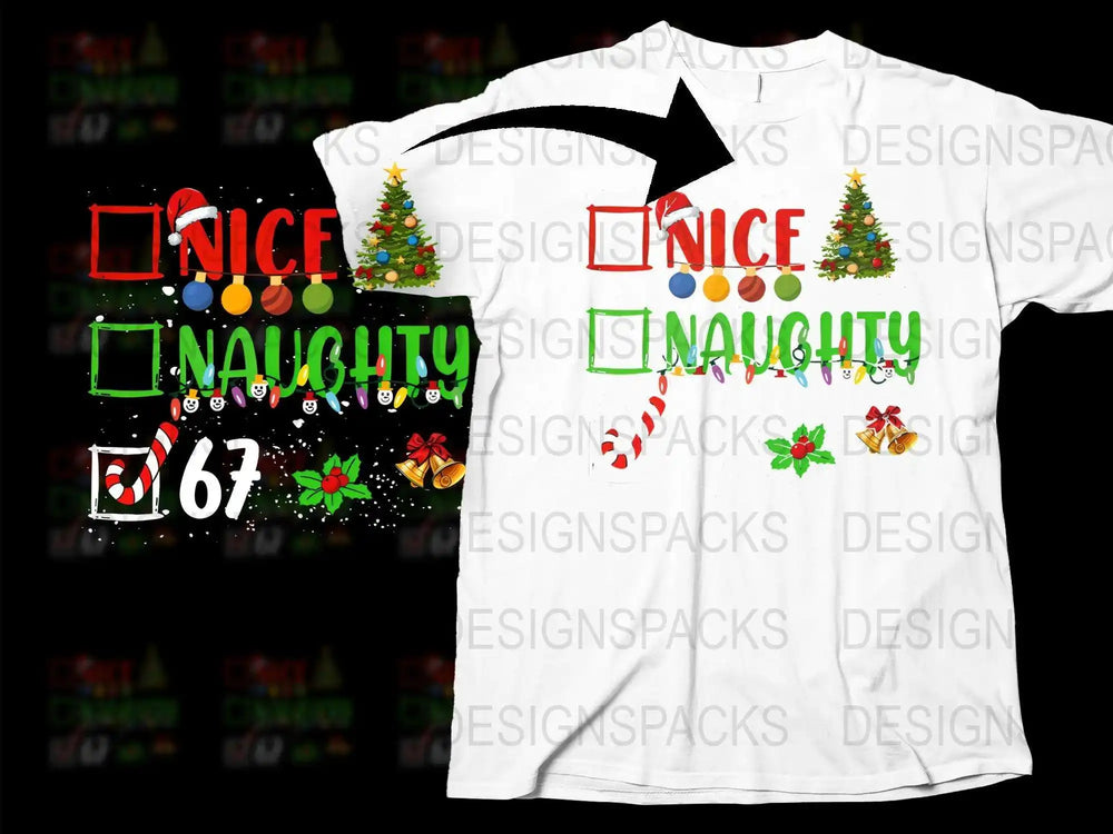 Festive Holiday T-Shirt Nice Naughty Checkboxes Christmas Trees Candy Cane Design
