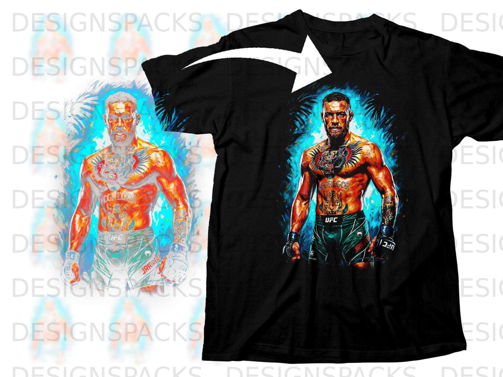 Black t-shirt with McGregor graphic, featuring tiger tattoo and UFC logos.