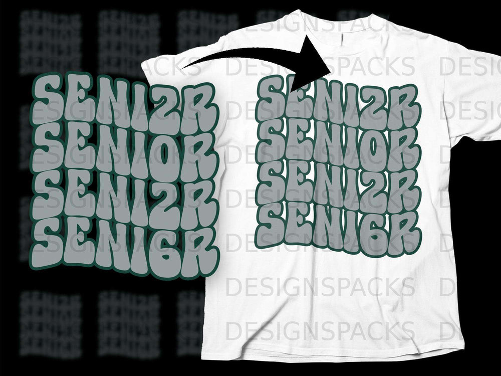 White t-shirt mockup featuring retro green "SENIOR" text in a bubble font.