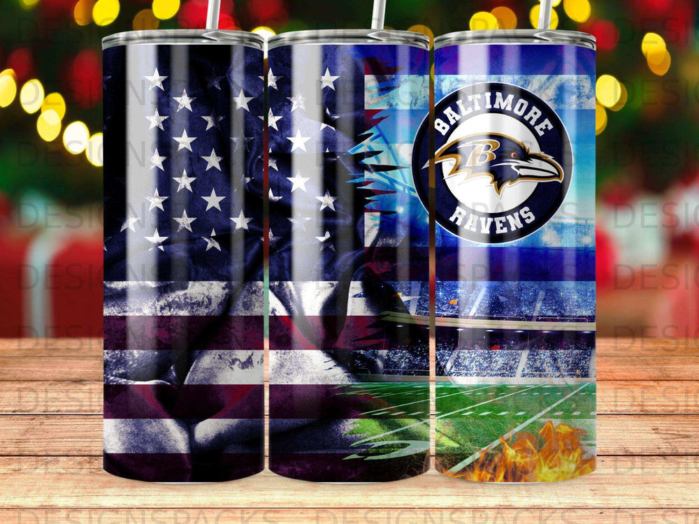 Baltimore Ravens tumbler with American flag and football field design.