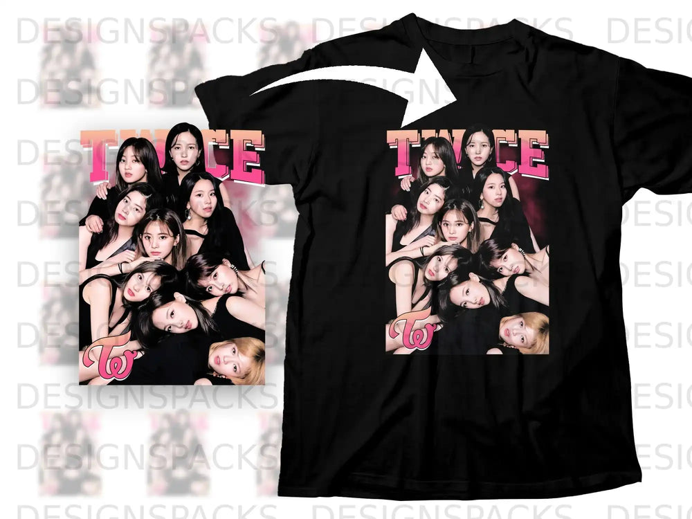 Black t-shirt with TWICE K-pop group photo and logo.