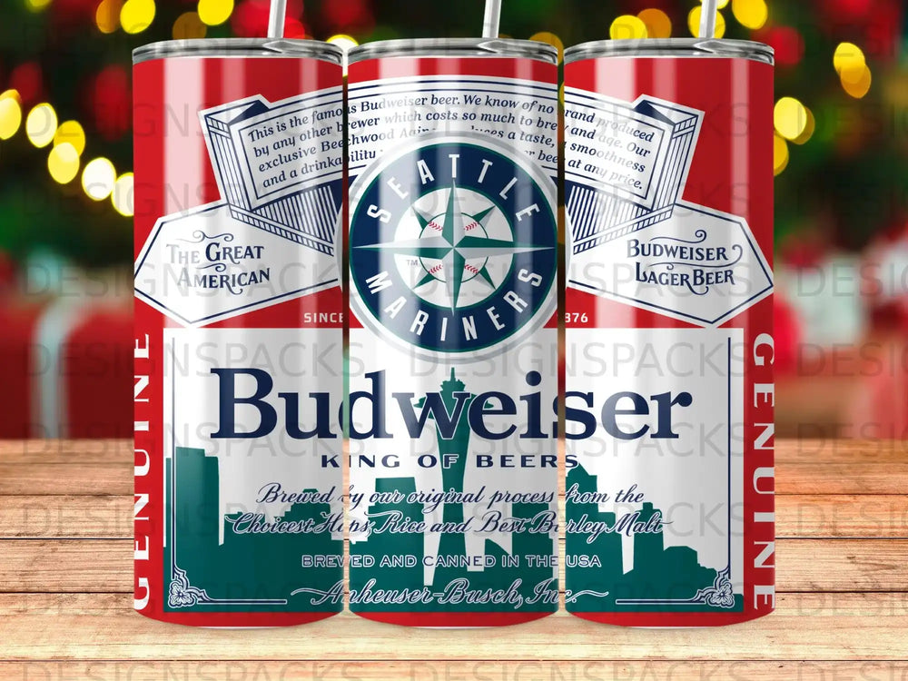 Budweiser beer can design with red and white stripes and a circular logo.