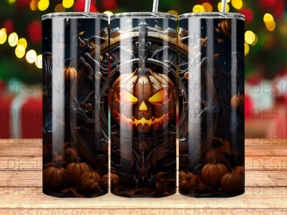 Halloween tumbler with jack-o'-lantern, pumpkins, and spooky gears.