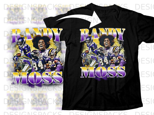 Randy Moss football graphic on a black t-shirt.