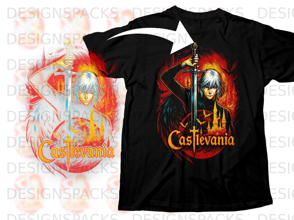 Black t-shirt featuring Castlevania artwork of a man holding a sword.