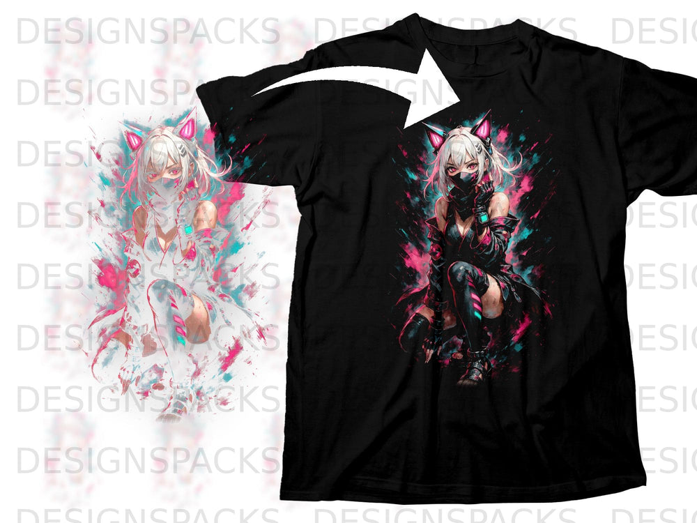 Black t-shirt with anime girl graphic featuring pink and teal abstract paint splatters.