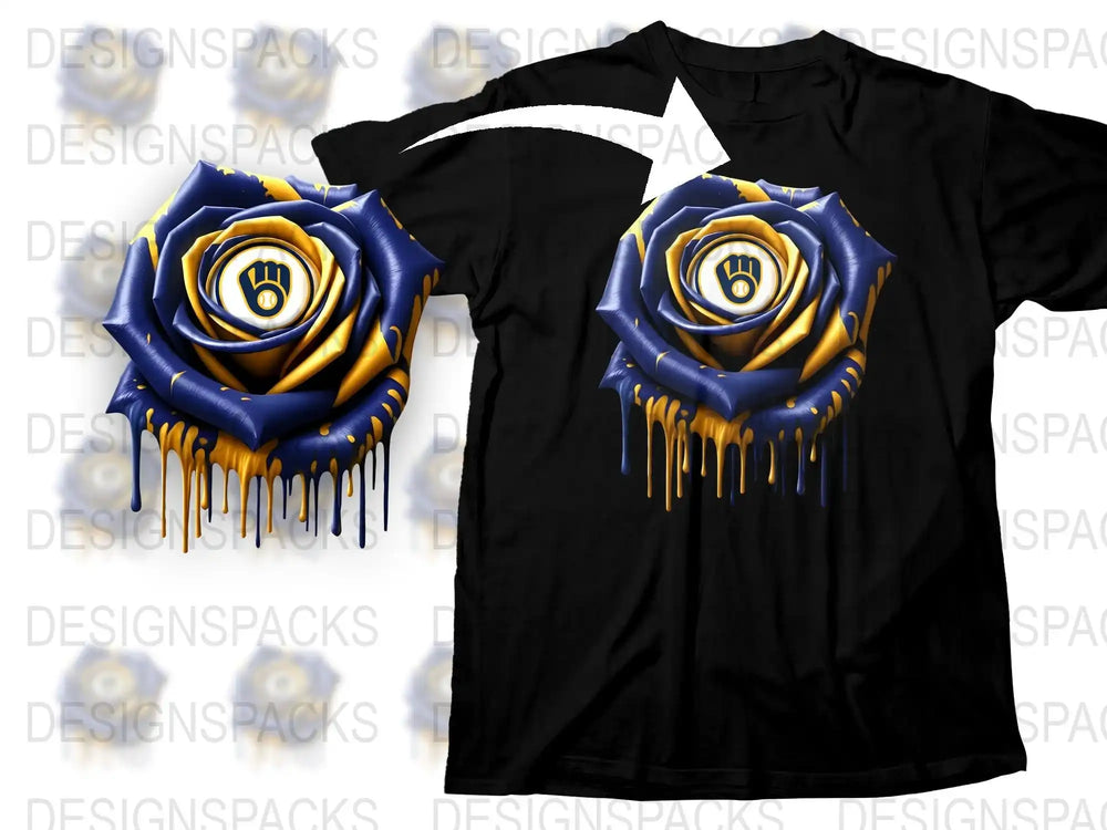 Trendy Dripping Gold Rose Graphic T-Shirt, Unique Floral Design, Black Tee with Yellow Detail, Artistic Apparel for All Genders