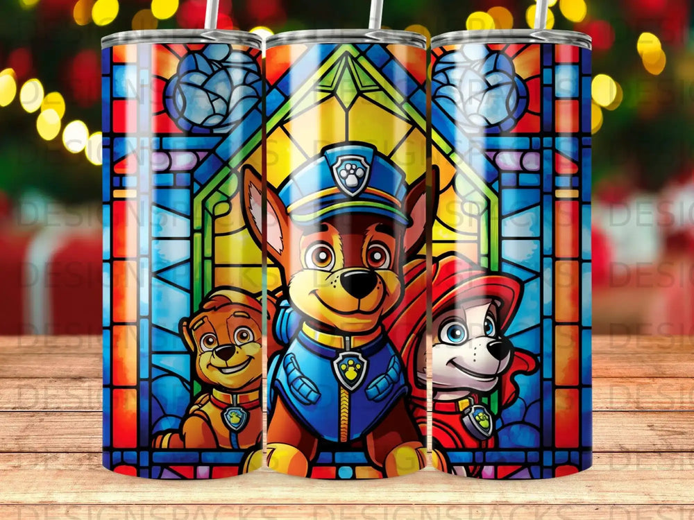 Paw Patrol characters in a stained glass window design on a tumbler.