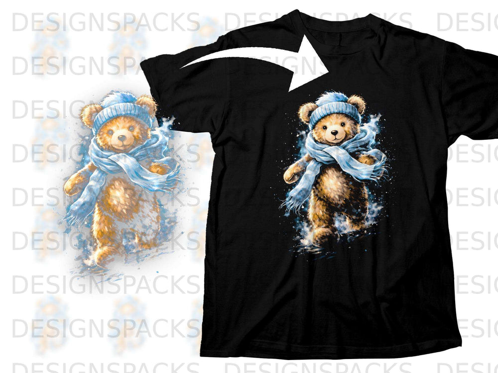 Black t-shirt with a watercolor teddy bear graphic wearing a blue hat and scarf.
