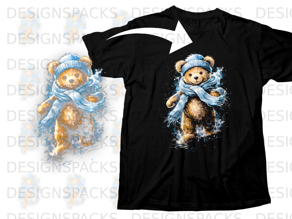 Black t-shirt with a watercolor teddy bear graphic wearing a blue hat and scarf.