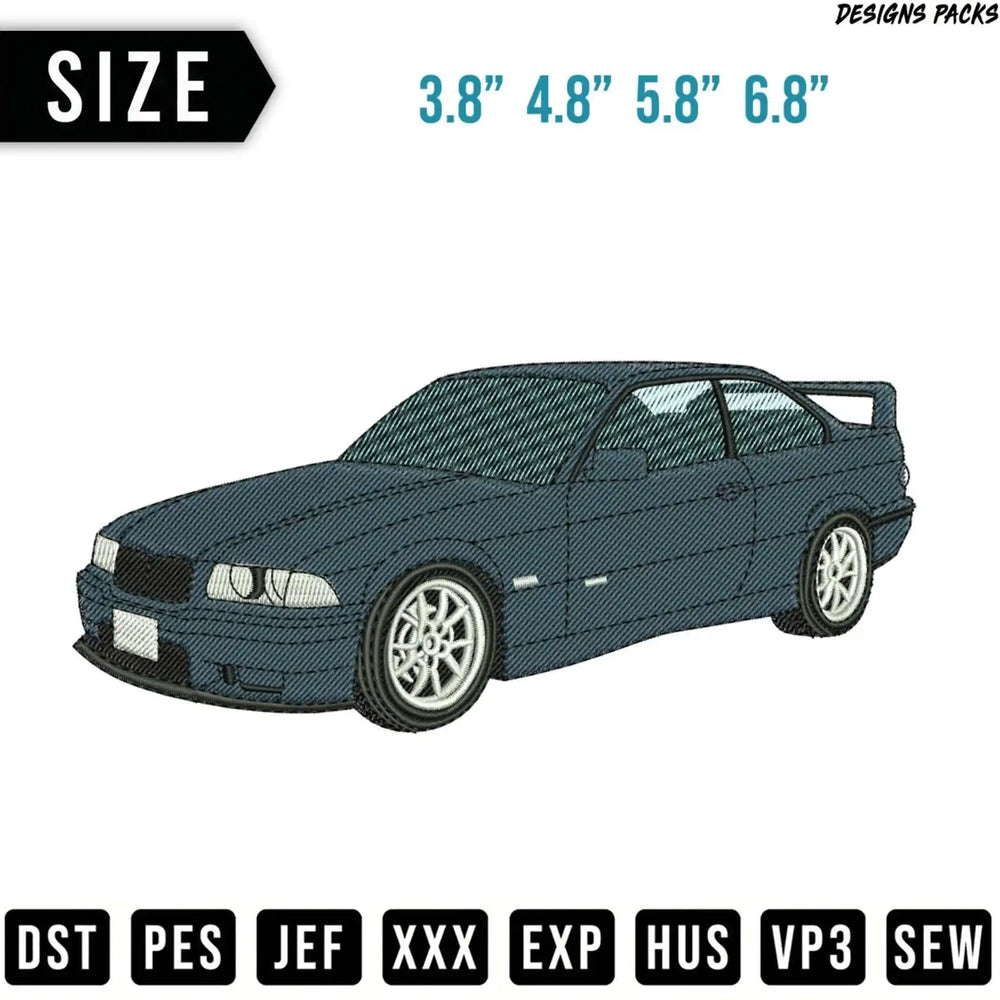 Blue embroidered car with size options and file types.