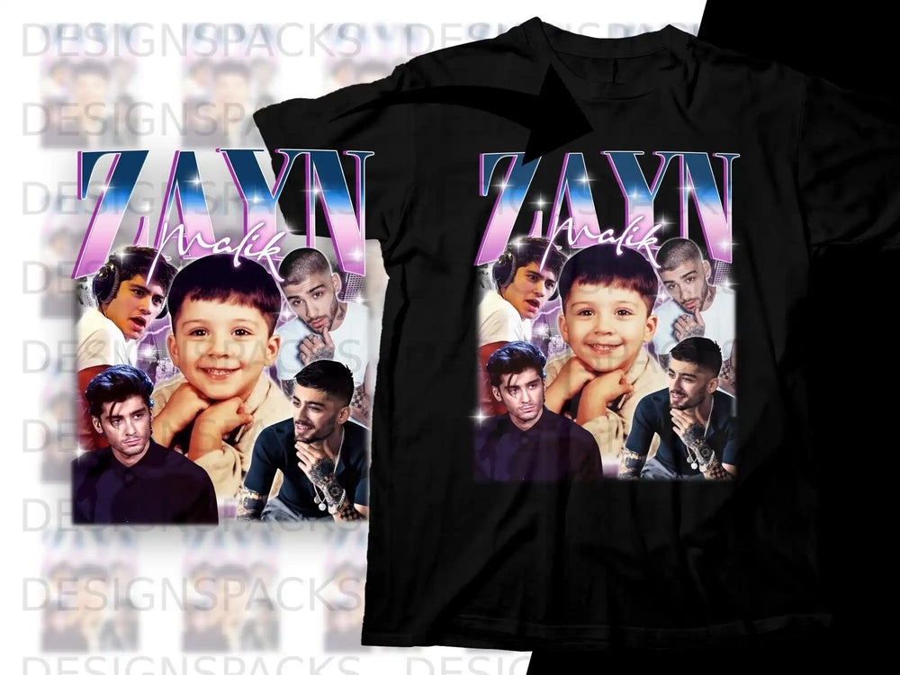 Collage of Zayn Malik photos on a black t-shirt.