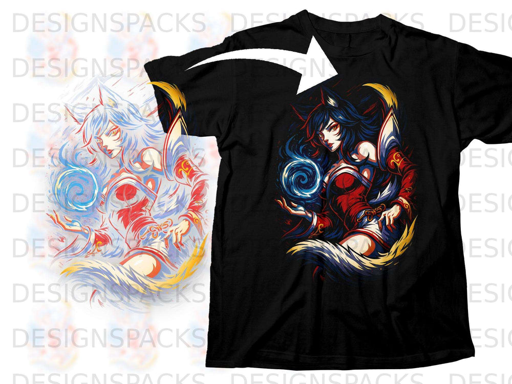 Black t-shirt featuring anime character Ahri with blue and red accents.