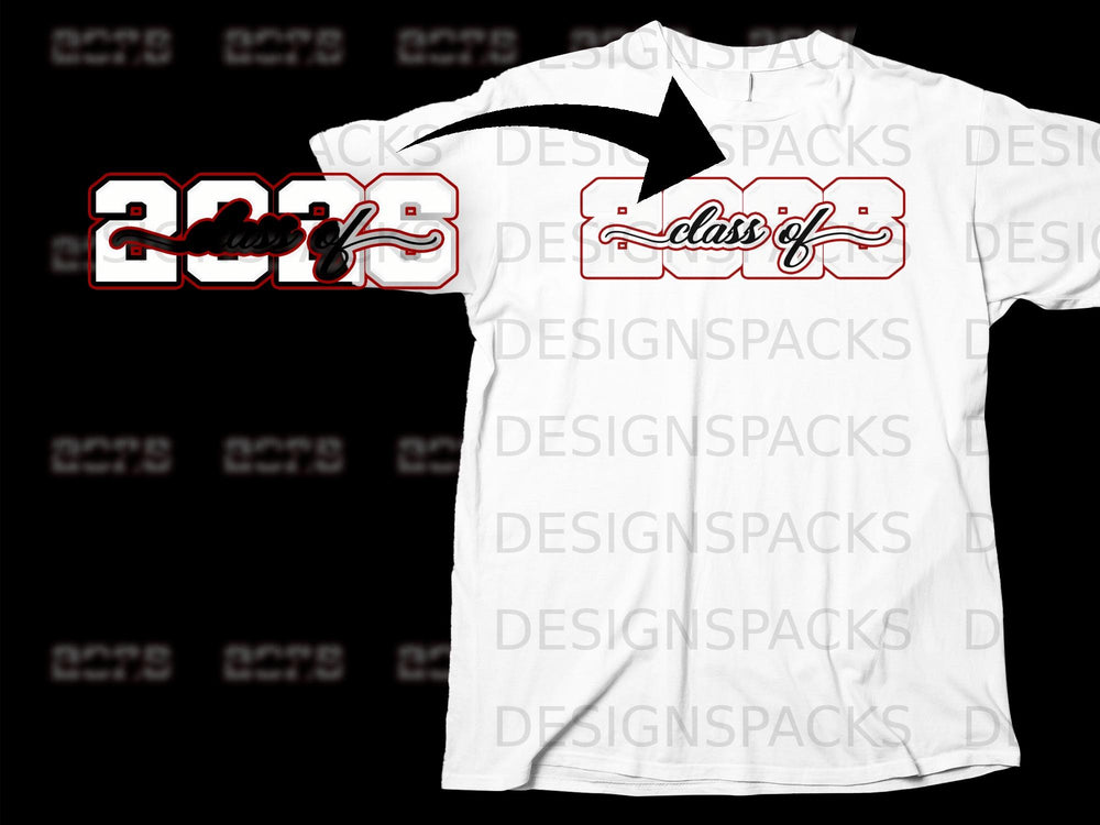 White t-shirt with "class of 2028" graphic in red and black.