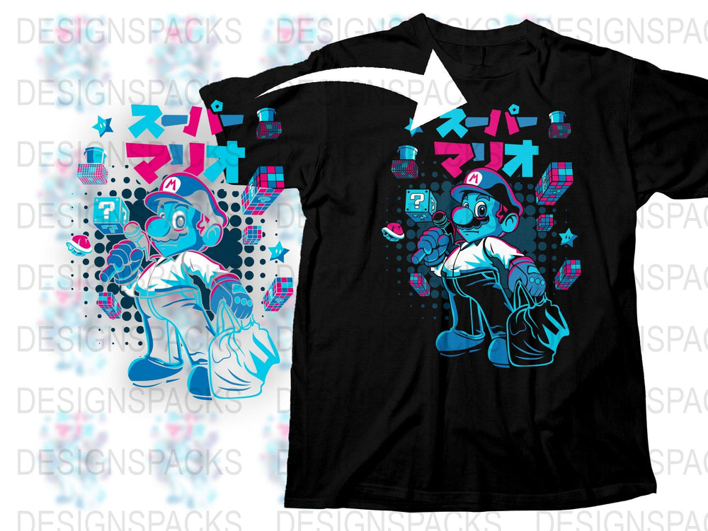 Retro Video Game Character T-Shirt, Cool Blue Neon Graphics, Gamer Fashion, Unisex Cotton Tee
