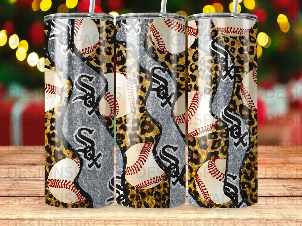 White Sox baseball tumbler with leopard print and glitter accents.