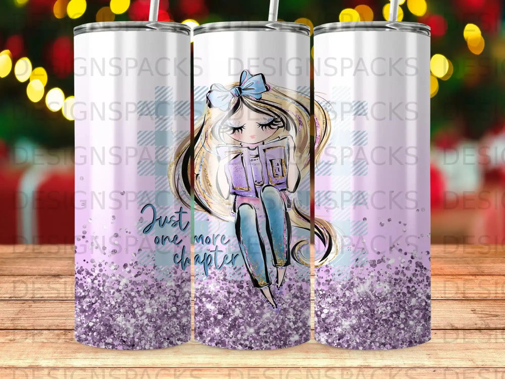 Tumbler featuring a girl reading with "Just one more chapter" text and purple glitter.