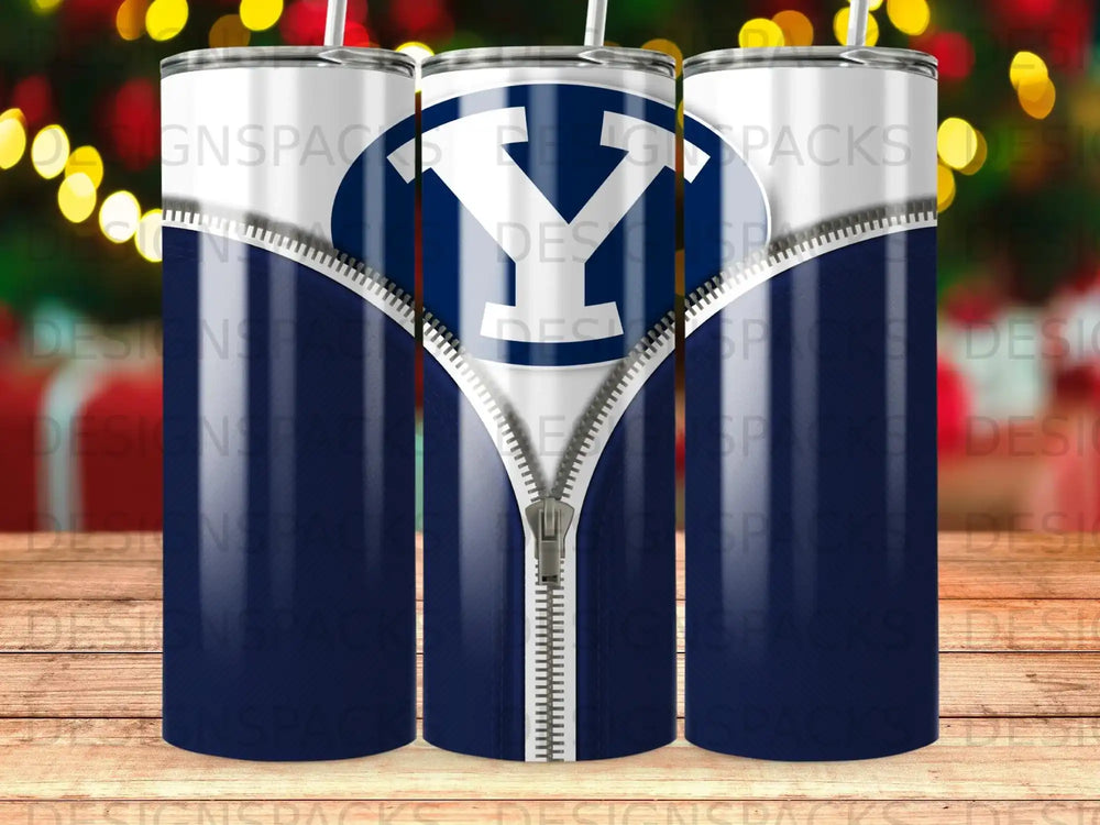 Blue and white tumbler with BYU logo and zippered design.